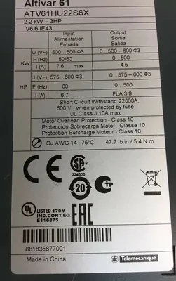 SCHNEIDER ELECTRIC ATV61HU22S6X Alto are Drive 2.2kW-3HP 500/600V~ 1D