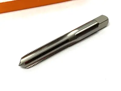 USED HERTEL STRAIGHT FLUTE TAP: 3/8-24 UNF, 4 FLUTE, PLUG CHAMFER, HIGH-SPEED