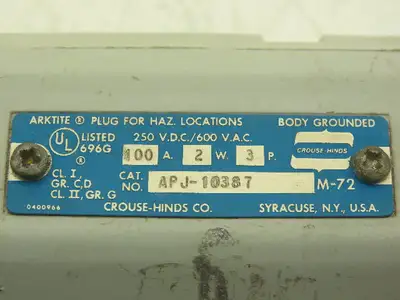 Crouse Hinds APJ-10387 Electrical Plug Male 100A 600VAC 250VDC Haz Location
