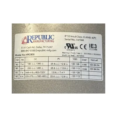 New | in-Stock REPUBLIC MANUFACTURING HRC800 Blowers West Virginia US | JM Industrial #1332445