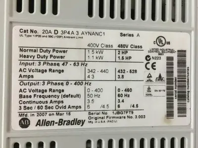 USED ALLEN BRADLEY 20AD3P4A3AYNANC1 SER A
