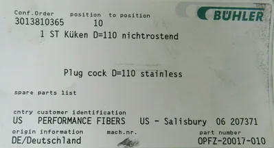 NEW BUHLER 0PFZ-20017-010 PLUG COCK D=110 STAINLESS 0PFZ20017010