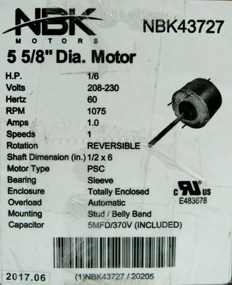 NEW NBK NBK43727 MOTOR 1/6HP 208-230V 1/2" SHAFT DIA. 5-1/8" LENGTH