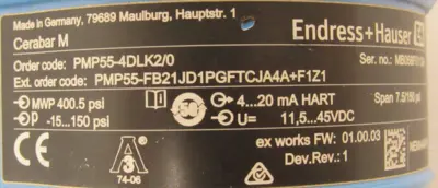 NEW ENDRESS HAUSER PMP55-FB21JD1PGFTCJA4A+F1Z1 PRESSURE TRANSMITTER PMP55-4DLK20