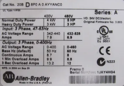 NEW ALLEN BRADLEY 20BD8P0A0AYYANC0 POWERFLEX 700 DRIVE 5HP SER.A