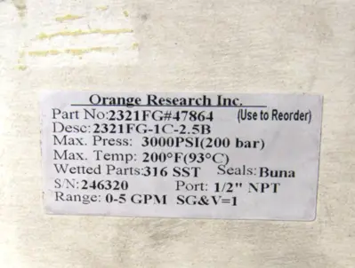 NEW ORANGE RESEARCH 2321FG-1C-2.5B FLOW METER 2321FG1C25B