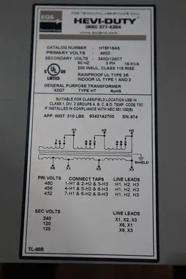 EGS SOLA HEVI-DUTY 15 KVA 480D-240DCT Cat #: HT5F15AS 480V 3PH NEW STOCK S-660