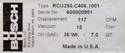 Busch Vacuum Pump Type RCU250.C406.1001, 117 CFM 10HP
