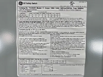 NEW 100A ABB/GE TH3363R Fusible Safety Disconnect Switch 600VAC NEMA3R 3 POLE
