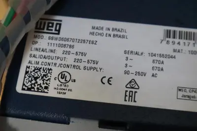 WEG SSW06 SOFT STARTER, 220-575v; 670a; 3Phase; P/N: SSW060670T2257ESZ