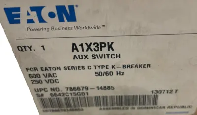 NEW EATON A1X3PK AUXILIARY SWITCH 600VAC 250VDC 50/60HZ