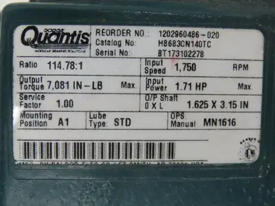 Dodge Quantis HB683CN140TC In-Line Helical Gearbox 114.78:1 Reducer 1.7Hp 15rpm