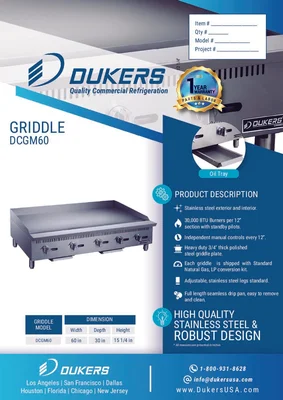 New | in-Stock Dukers New Dukers DCGM60 60 in. W Flat Top Griddle with 5 Burners Commercial Flat Top Griddles Illinois US | Falcon Restaurant Supply #1376252
