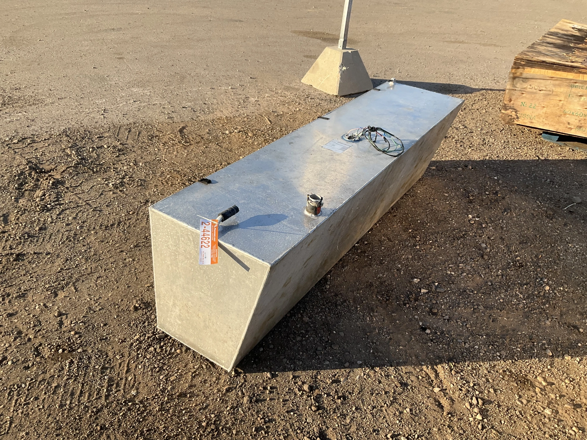 Buechler and Sons 100 gallon aluminum fuel tank, used, approx 74”L x 17-3/4” x 20”T