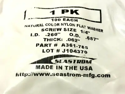Nylon Plastic Washer for NO.12 Screw Size 0.26" ID 0.688" OD PKG OF 100 - New