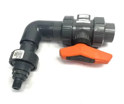 USED GEORG FISCHER TYP 546 PRO BALL VALVE PVC-U, 1" SOCKET ENDS, TO RT ANGLE ADAPTER