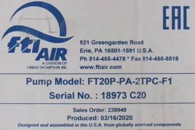 NEW FTI AIR FT20P-PA-2TPC-F1 DOUBLE DIAPHRAGM PUMP FT20PPA2TPCF1
