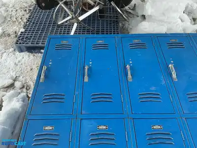 14 door blue metal locker unit 60”x84” (each one is approximately 10”24”x10”)