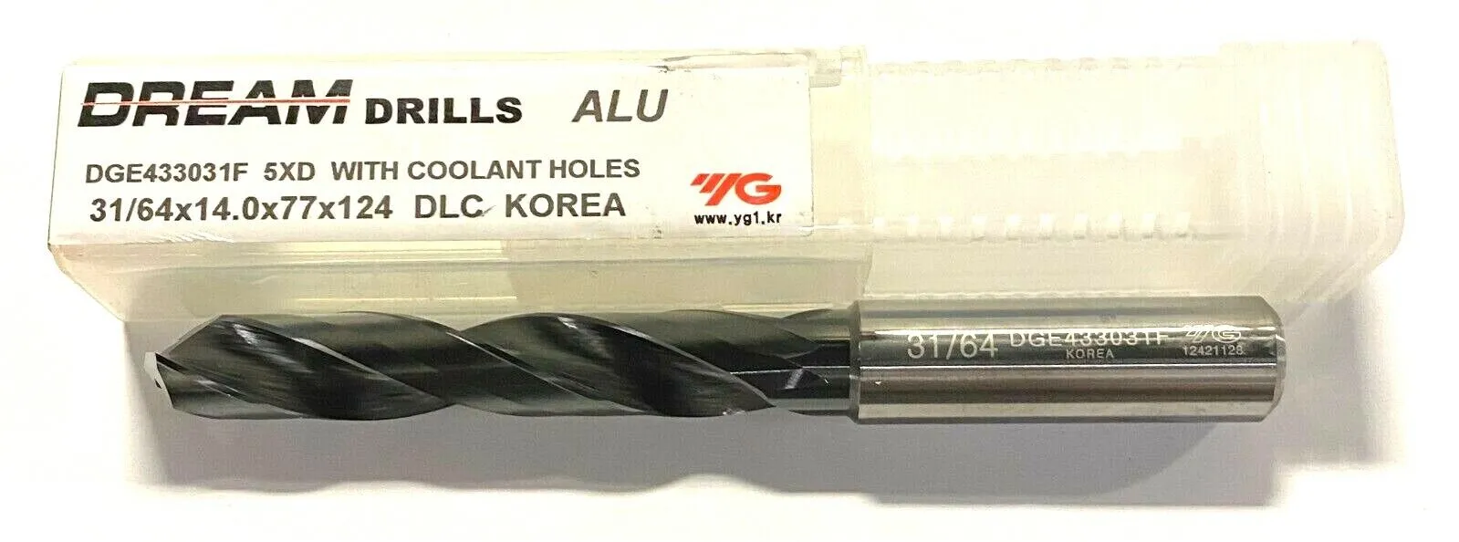YG-1 31/64" Solid Carbide Drill 5xD DLC Coated Coolant Thru 140° Point 30° Helix