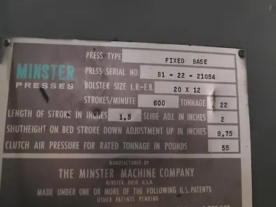 Minster B1-22 Ton Punch Press with Air Clutch & Air Brake & Light Curtain