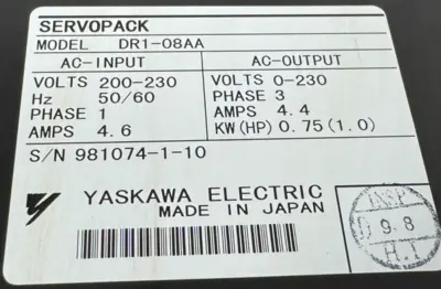 USED YASKAWA DR1-08AA SERVOPACK DRIVE 4.6A 1PH DR108AA