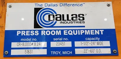 Used DALLAS DPR-6,000X24/06425 Coil Reels and Straighteners Michigan US | Midwest Press and Automation #1302701