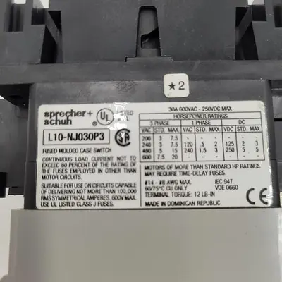 USED SPRECHER+SCHUH SPRECHER+SCHUH L10-NJ030P3 MOLDED CASE DISCONNECT SWITCH 30A 600V