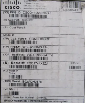 NEW CISCO WS-C2960-24TT-L ETHERNET SWITCH 0910-08-1086 COM3L00BRF WSC296024TTL