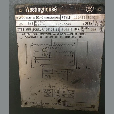 Westinghouse 25 kVA 600 - 120/240 Transformer