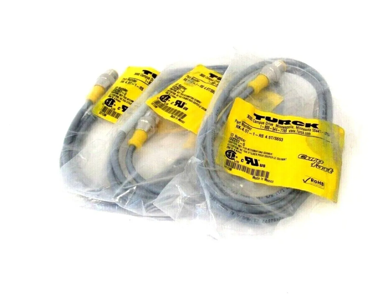 LOT OF 3 NEW TURCK RK 4.5T-1-RS 4.5T/S653 CORDSETS U2297-0 RK 45T1RS45TS653