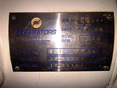 Westfalia SB 7-06-576 clarifier centrifuge, 316SS.