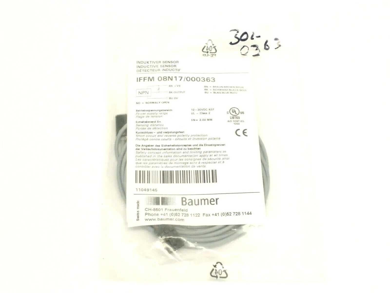 IFFM 08N17/000363 | Baumer  Subminiature Inductive Proximity Switch 10-30 VDC - New Other