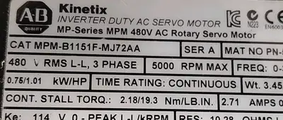 ALLEN BRADLEY MPM-B1151F-MJ72AA SER. A 480V 2.71A Servo Motor Loc1E40