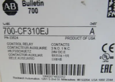 ALLEN BRADLEY 700-CF310EJ CONTROL RELAY SER.A 700CF310EJ NEW, SURPLUS