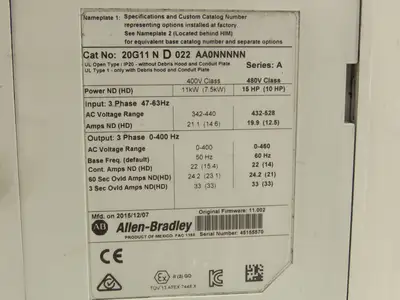 Allen Bradley 20G11ND022AA0NNNNN PowerFlex 755 AC Drive 480V 14A 15HP Series A