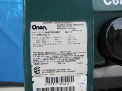 Onan Emerald Plus 6500 Watt RV Generator Gasoline Powered 120V Output 54.2 Amps