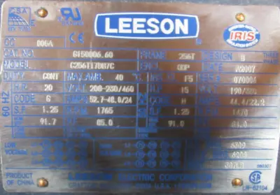 NEW LEESON C256T17DB7C MOTOR 20HP 1765 RPM 208-230/460V 256T 1-5/8" DIA.