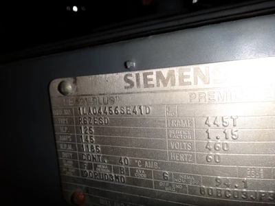 Siemens 125 hp, 1185 rpm, electric motor