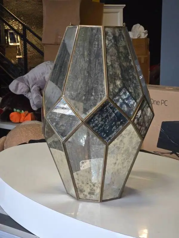 Geometric Mirrored Glass Lantern - Audrey Lantern by Accent Décor 12" x 19"