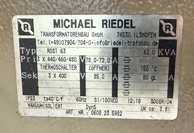 MICHAEL RIEDL 60KVA TRANSFORMER HV:440/460/48
