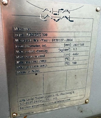 Alfa-Laval FOODEC 209 sanitary decanter centrifuge, 316SS.