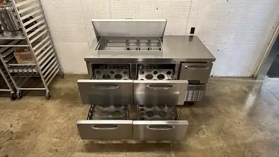 Used Continental Used 68" Continental Ref RA68N18M Refrigerated Sandwich Prep Table 115V - STS Food Prep Tables Illinois US | Falcon Restaurant Supply #1373544