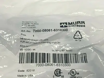 7000-08061-6310300 | Murr Elektronik  Single-Ended M8 Cordset 3 Meter - New