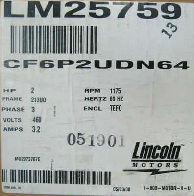 NEW LINCOLN MOTORS CF6P2UDN64 MOTOR 2HP 460V 3PH 1175RPM LM25759