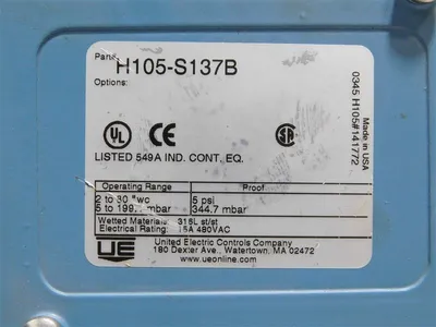 United Electric H105-S137B Pressure Switch 15A 480VAC Used