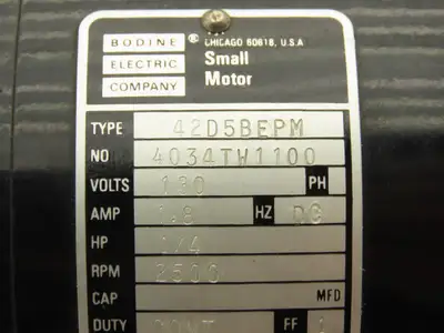 Bodine Electric 42D5BEPM DC Motor 1/4Hp 130VDC 2500 RPM 1/2" Shaft
