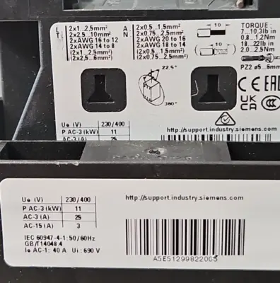 Siemens 3RT25261AK60 4Pole Contactor 25A 11kW 120Vdc Coil (BIN412)