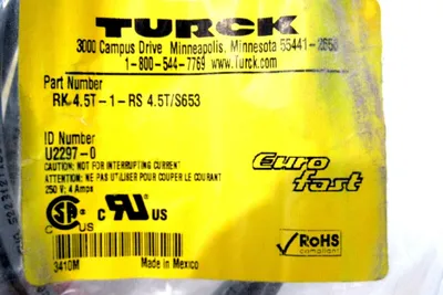 LOT OF 3 NEW TURCK RK 4.5T-1-RS 4.5T/S653 CORDSETS U2297-0 RK 45T1RS45TS653