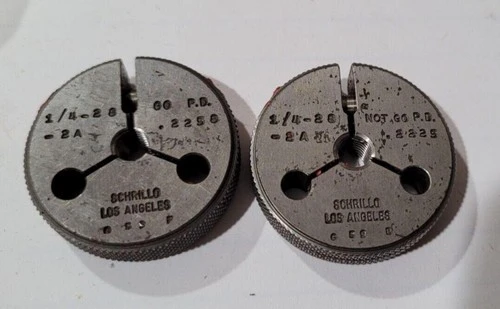 Set of 1/4-28 -2A GO and NO GO Set Thread Ring Gage P.D. .2258 and .2225 Gages