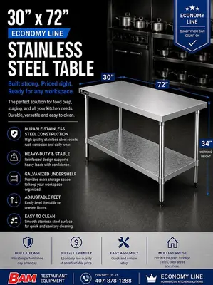 30"x72" Economy Line Stainless Steel Table